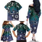 NAIDOC Week 2024 Fire Burning Family Matching Off The Shoulder Long Sleeve Dress and Hawaiian Shirt Aboriginal Dots Blue Art