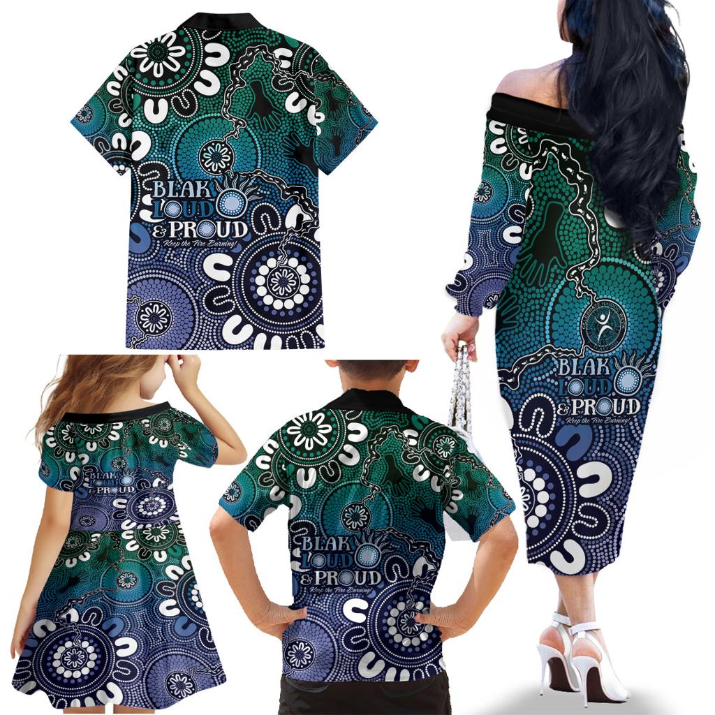 NAIDOC Week 2024 Fire Burning Family Matching Off The Shoulder Long Sleeve Dress and Hawaiian Shirt Aboriginal Dots Blue Art