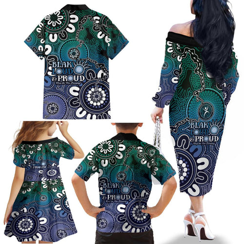 NAIDOC Week 2024 Fire Burning Family Matching Off The Shoulder Long Sleeve Dress and Hawaiian Shirt Aboriginal Dots Blue Art