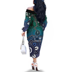 NAIDOC Week 2024 Fire Burning Family Matching Off The Shoulder Long Sleeve Dress and Hawaiian Shirt Aboriginal Dots Blue Art