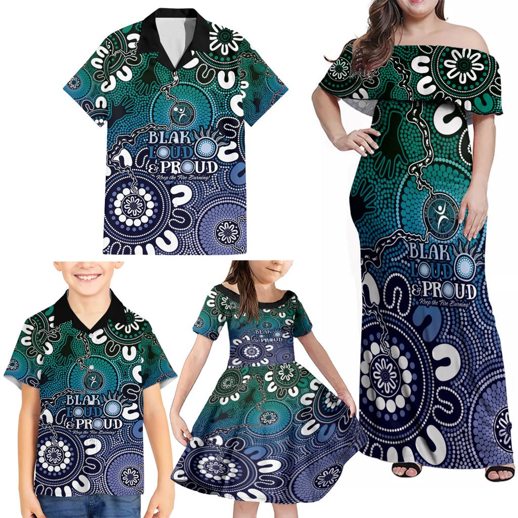 NAIDOC Week 2024 Fire Burning Family Matching Off Shoulder Maxi Dress and Hawaiian Shirt Aboriginal Dots Blue Art