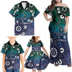 NAIDOC Week 2024 Fire Burning Family Matching Off Shoulder Maxi Dress and Hawaiian Shirt Aboriginal Dots Blue Art