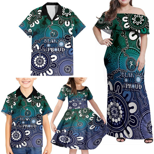 NAIDOC Week 2024 Fire Burning Family Matching Off Shoulder Maxi Dress and Hawaiian Shirt Aboriginal Dots Blue Art