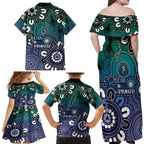 NAIDOC Week 2024 Fire Burning Family Matching Off Shoulder Maxi Dress and Hawaiian Shirt Aboriginal Dots Blue Art