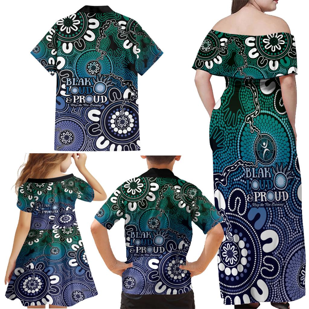 NAIDOC Week 2024 Fire Burning Family Matching Off Shoulder Maxi Dress and Hawaiian Shirt Aboriginal Dots Blue Art