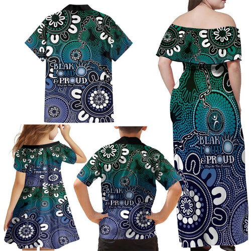 NAIDOC Week 2024 Fire Burning Family Matching Off Shoulder Maxi Dress and Hawaiian Shirt Aboriginal Dots Blue Art