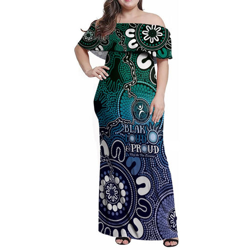 NAIDOC Week 2024 Fire Burning Family Matching Off Shoulder Maxi Dress and Hawaiian Shirt Aboriginal Dots Blue Art