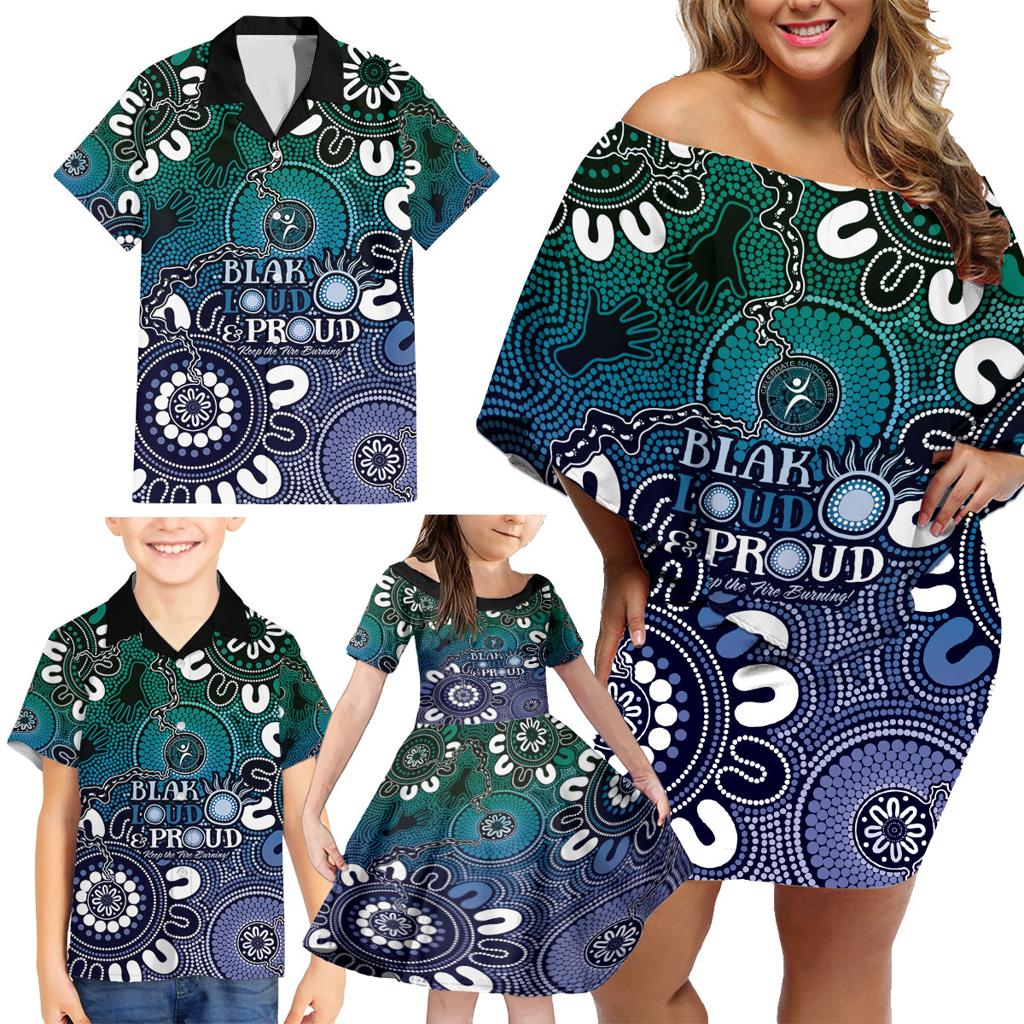 NAIDOC Week 2024 Fire Burning Family Matching Off Shoulder Short Dress and Hawaiian Shirt Aboriginal Dots Blue Art