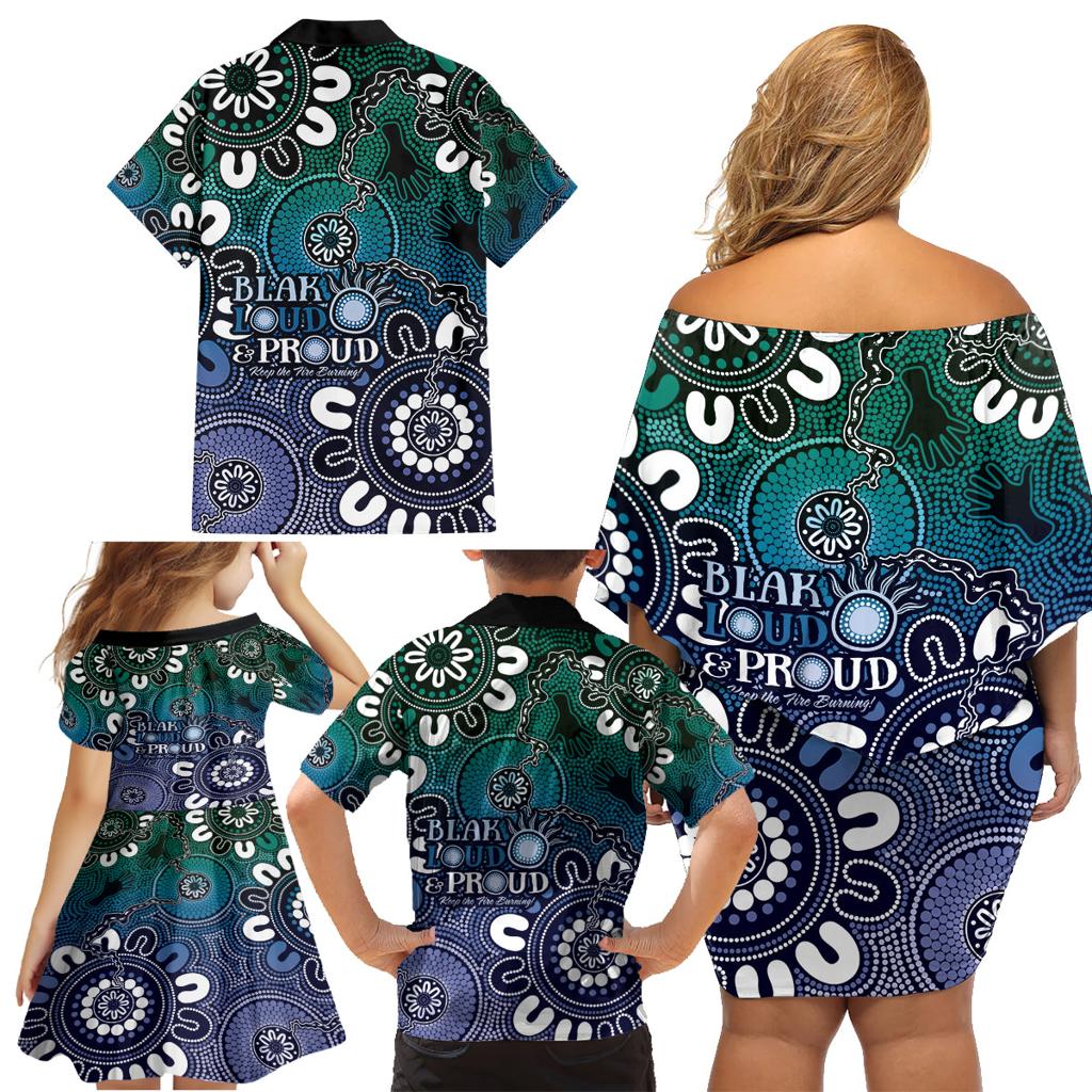 NAIDOC Week 2024 Fire Burning Family Matching Off Shoulder Short Dress and Hawaiian Shirt Aboriginal Dots Blue Art