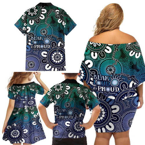 NAIDOC Week 2024 Fire Burning Family Matching Off Shoulder Short Dress and Hawaiian Shirt Aboriginal Dots Blue Art