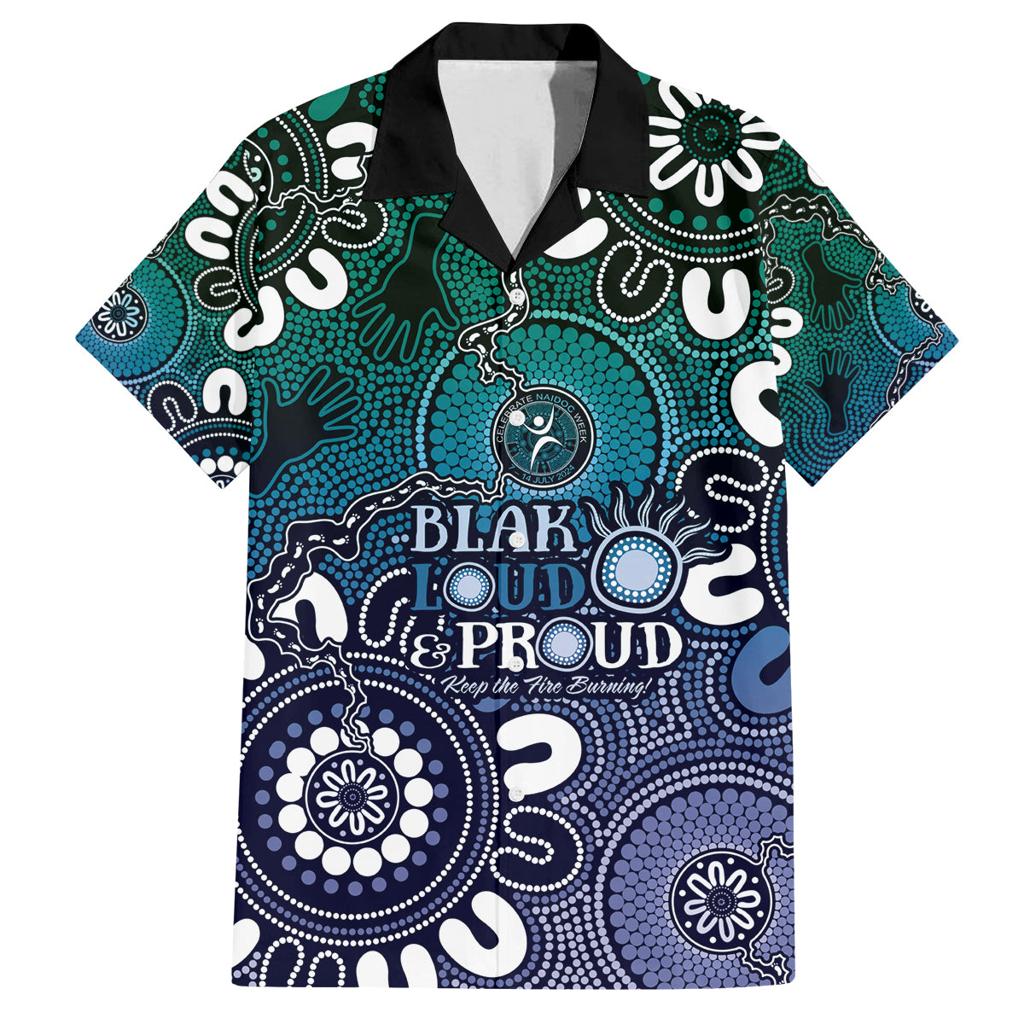 NAIDOC Week 2024 Fire Burning Family Matching Off Shoulder Short Dress and Hawaiian Shirt Aboriginal Dots Blue Art