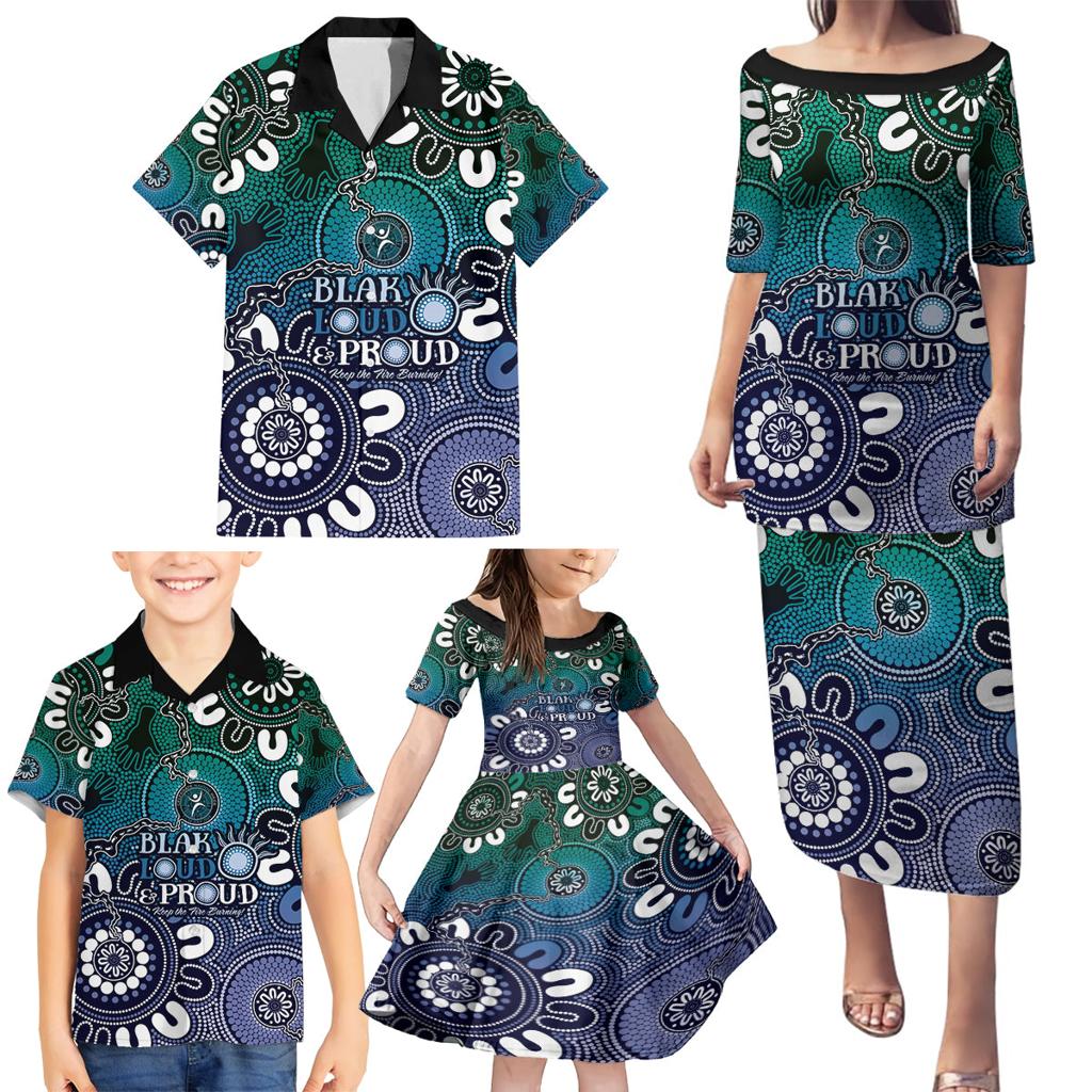 NAIDOC Week 2024 Fire Burning Family Matching Puletasi and Hawaiian Shirt Aboriginal Dots Blue Art