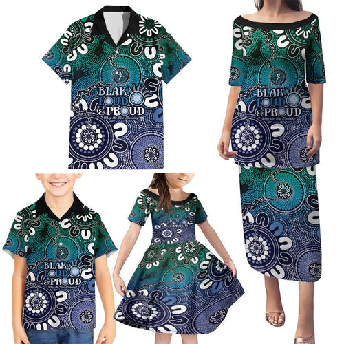 NAIDOC Week 2024 Fire Burning Family Matching Puletasi and Hawaiian Shirt Aboriginal Dots Blue Art