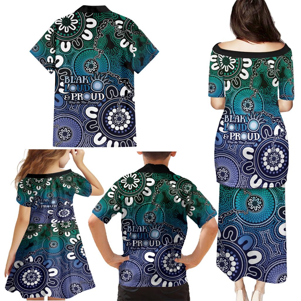 NAIDOC Week 2024 Fire Burning Family Matching Puletasi and Hawaiian Shirt Aboriginal Dots Blue Art
