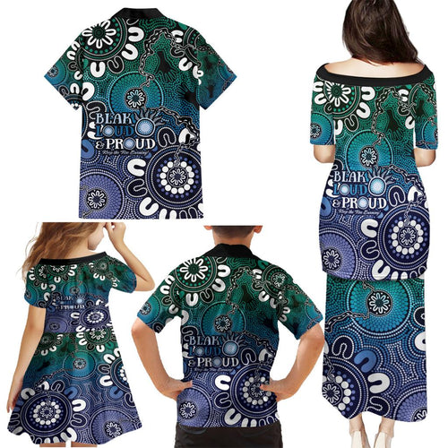 NAIDOC Week 2024 Fire Burning Family Matching Puletasi and Hawaiian Shirt Aboriginal Dots Blue Art
