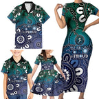 NAIDOC Week 2024 Fire Burning Family Matching Short Sleeve Bodycon Dress and Hawaiian Shirt Aboriginal Dots Blue Art