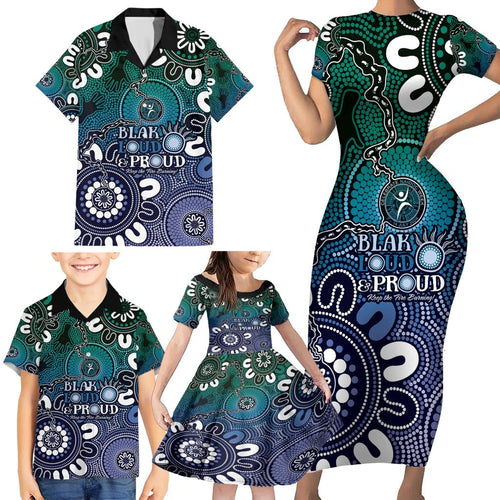 NAIDOC Week 2024 Fire Burning Family Matching Short Sleeve Bodycon Dress and Hawaiian Shirt Aboriginal Dots Blue Art