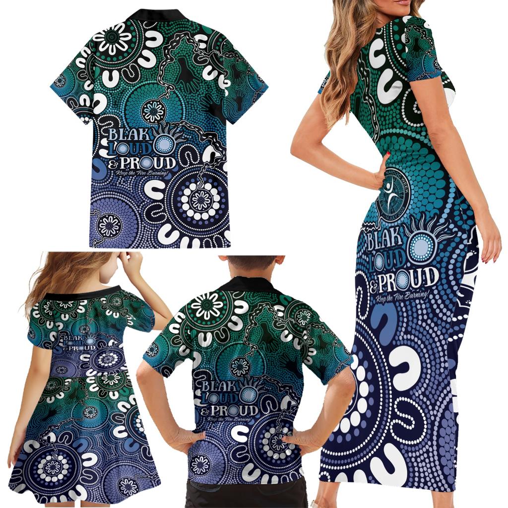 NAIDOC Week 2024 Fire Burning Family Matching Short Sleeve Bodycon Dress and Hawaiian Shirt Aboriginal Dots Blue Art