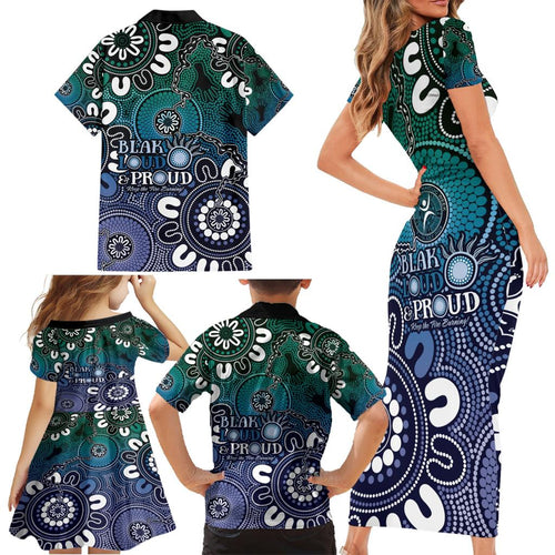 NAIDOC Week 2024 Fire Burning Family Matching Short Sleeve Bodycon Dress and Hawaiian Shirt Aboriginal Dots Blue Art