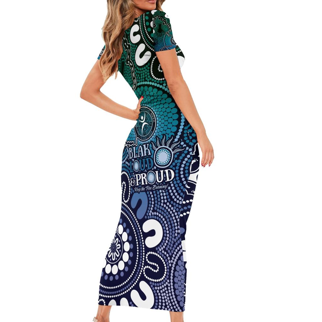 NAIDOC Week 2024 Fire Burning Family Matching Short Sleeve Bodycon Dress and Hawaiian Shirt Aboriginal Dots Blue Art