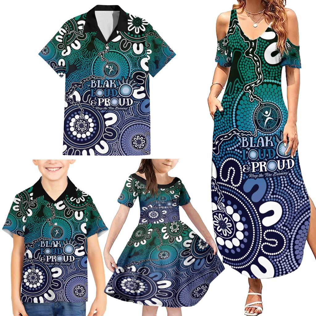 NAIDOC Week 2024 Fire Burning Family Matching Summer Maxi Dress and Hawaiian Shirt Aboriginal Dots Blue Art