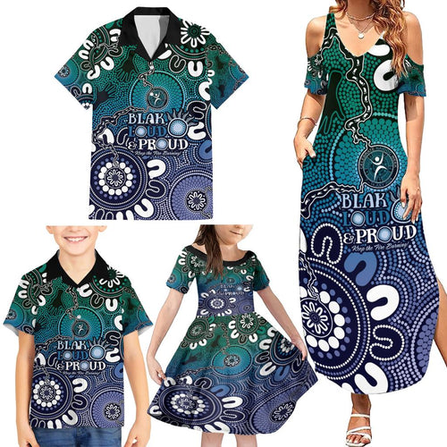 NAIDOC Week 2024 Fire Burning Family Matching Summer Maxi Dress and Hawaiian Shirt Aboriginal Dots Blue Art