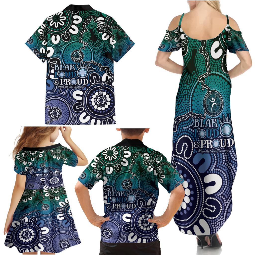 NAIDOC Week 2024 Fire Burning Family Matching Summer Maxi Dress and Hawaiian Shirt Aboriginal Dots Blue Art