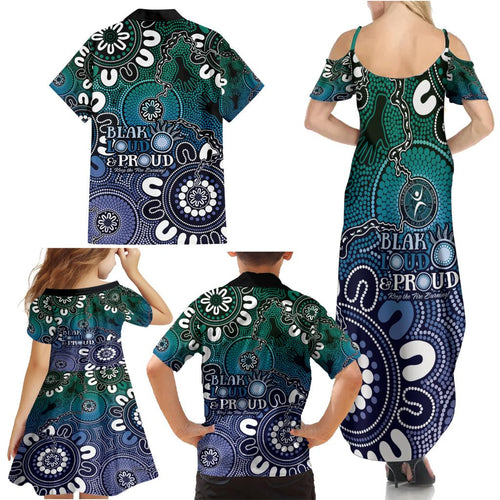 NAIDOC Week 2024 Fire Burning Family Matching Summer Maxi Dress and Hawaiian Shirt Aboriginal Dots Blue Art