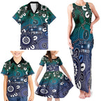 NAIDOC Week 2024 Fire Burning Family Matching Tank Maxi Dress and Hawaiian Shirt Aboriginal Dots Blue Art
