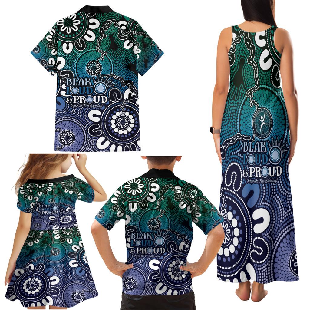 NAIDOC Week 2024 Fire Burning Family Matching Tank Maxi Dress and Hawaiian Shirt Aboriginal Dots Blue Art