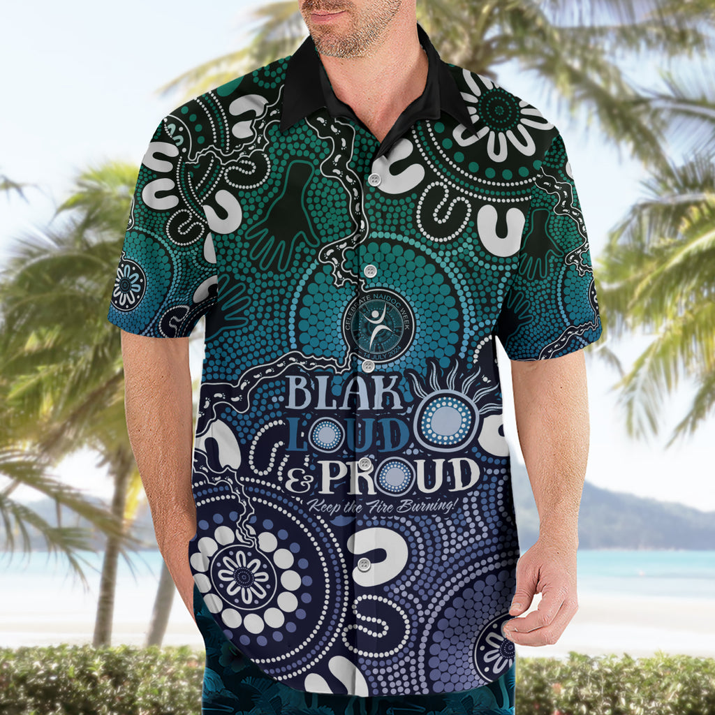 NAIDOC Week 2024 Fire Burning Hawaiian Shirt Aboriginal Dots Blue Art