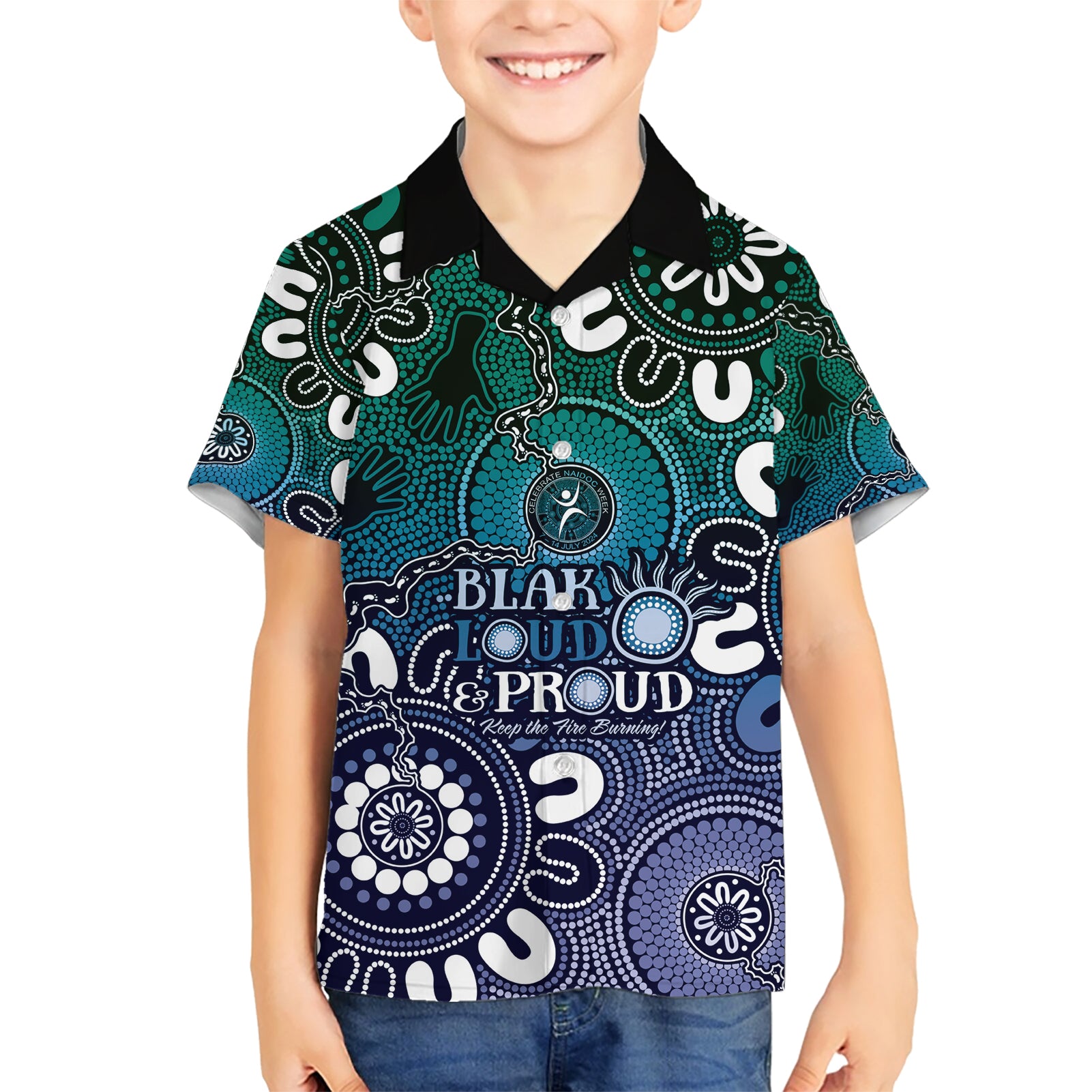 NAIDOC Week 2024 Fire Burning Hawaiian Shirt Aboriginal Dots Blue Art