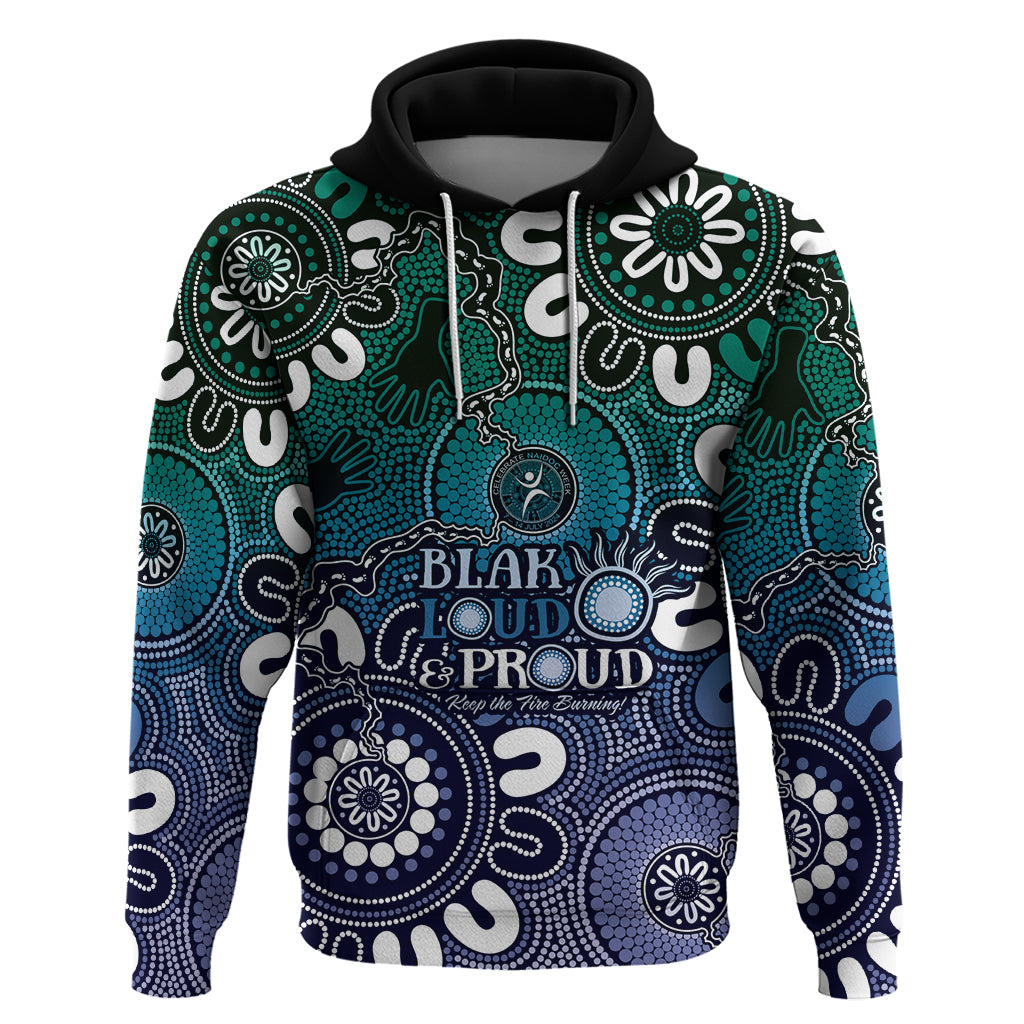 NAIDOC Week 2024 Fire Burning Hoodie Aboriginal Dots Blue Art