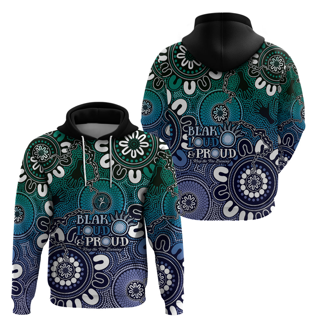 NAIDOC Week 2024 Fire Burning Hoodie Aboriginal Dots Blue Art