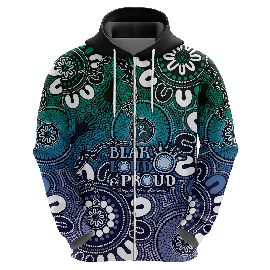 NAIDOC Week 2024 Fire Burning Hoodie Aboriginal Dots Blue Art