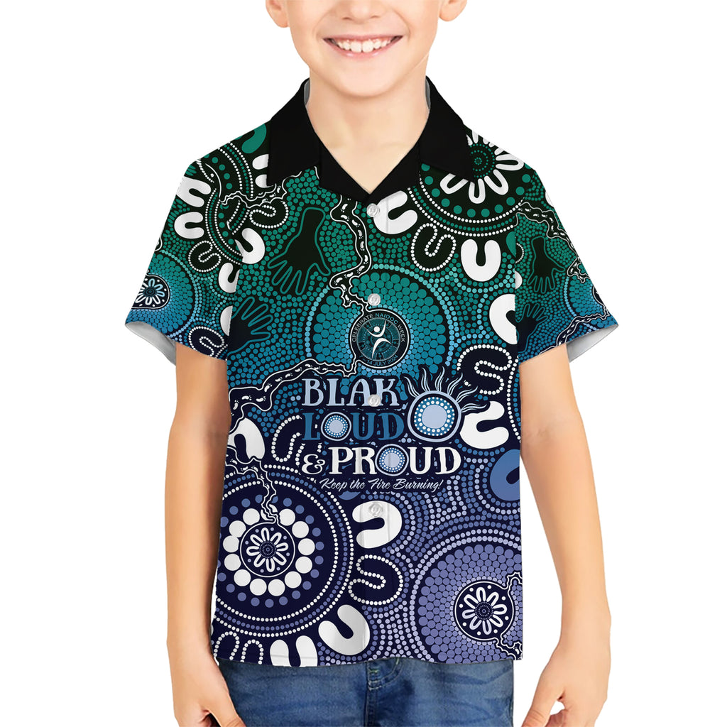 NAIDOC Week 2024 Fire Burning Kid Hawaiian Shirt Aboriginal Dots Blue Art