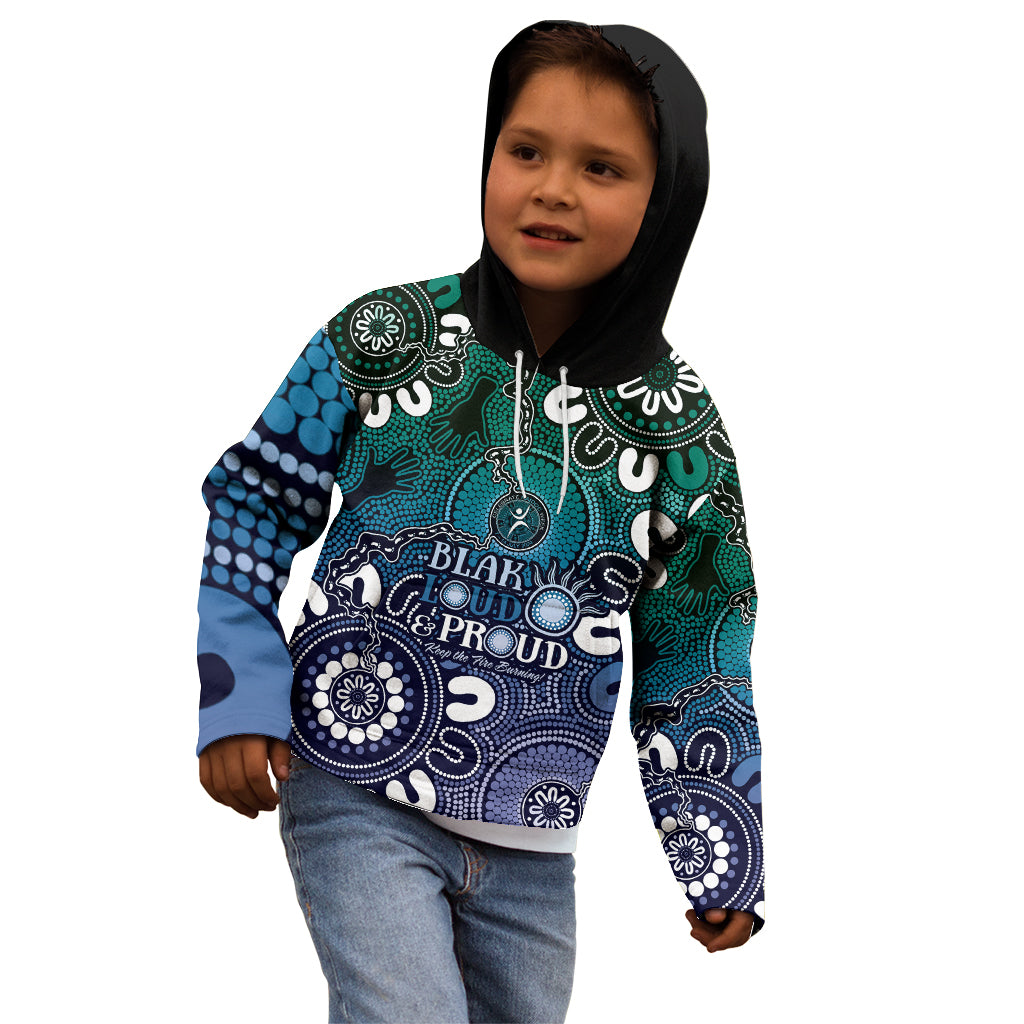 NAIDOC Week 2024 Fire Burning Kid Hoodie Aboriginal Dots Blue Art