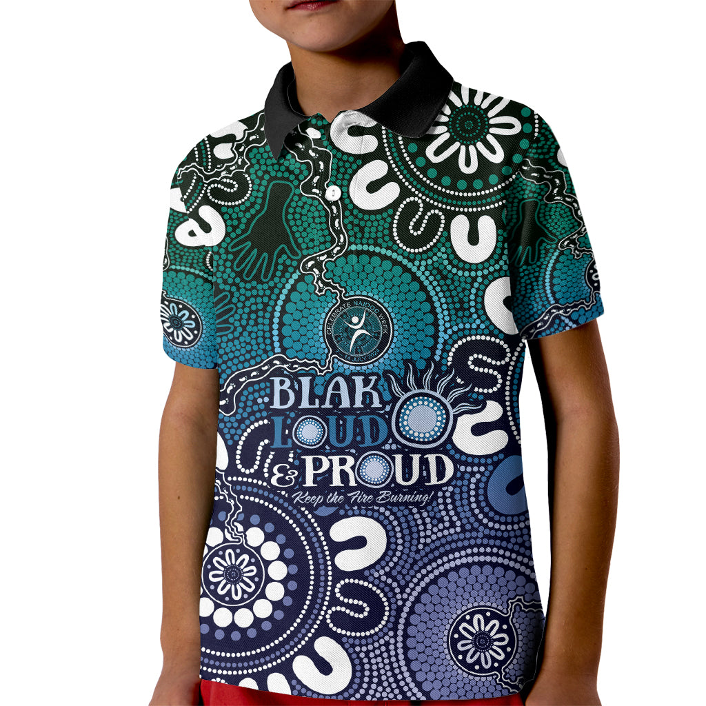 NAIDOC Week 2024 Fire Burning Kid Polo Shirt Aboriginal Dots Blue Art