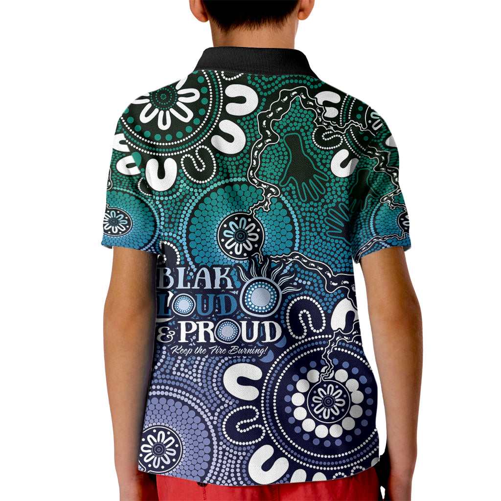 NAIDOC Week 2024 Fire Burning Kid Polo Shirt Aboriginal Dots Blue Art