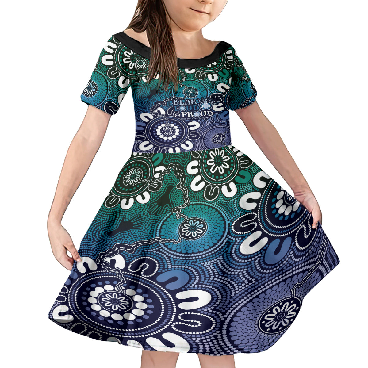 NAIDOC Week 2024 Fire Burning Kid Short Sleeve Dress Aboriginal Dots Blue Art
