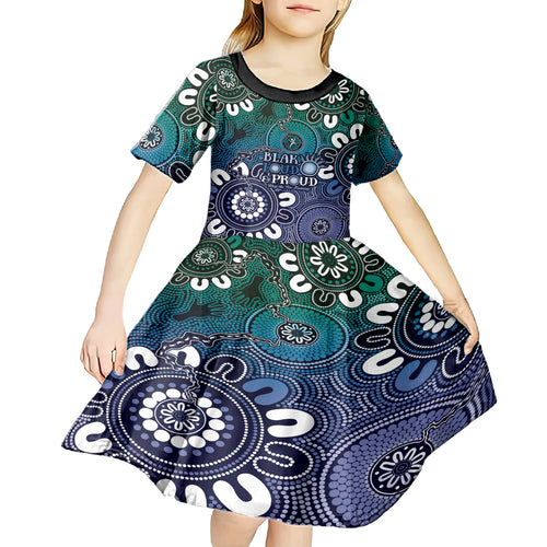 NAIDOC Week 2024 Fire Burning Kid Short Sleeve Dress Aboriginal Dots Blue Art