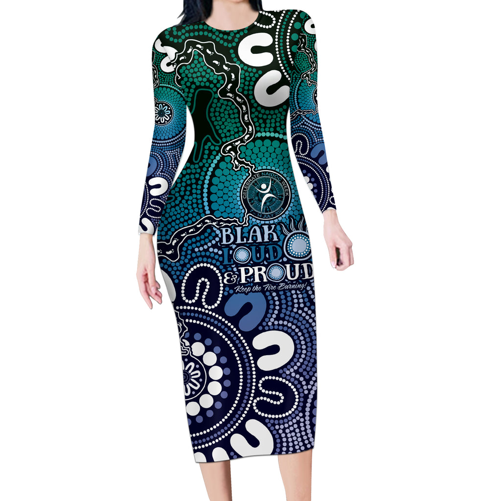 NAIDOC Week 2024 Fire Burning Long Sleeve Bodycon Dress Aboriginal Dots Blue Art