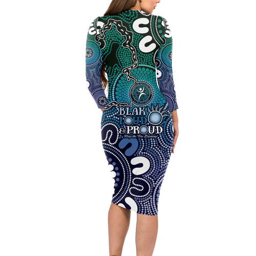 NAIDOC Week 2024 Fire Burning Long Sleeve Bodycon Dress Aboriginal Dots Blue Art