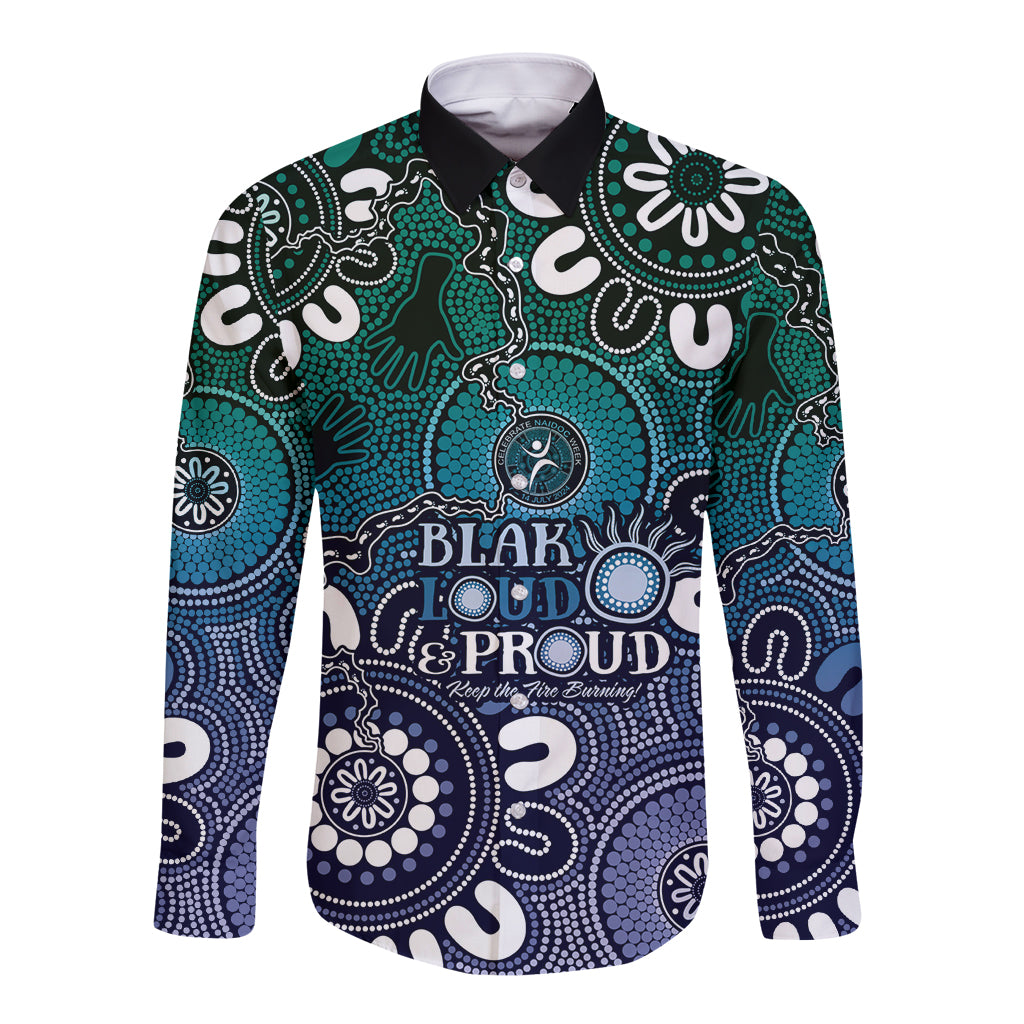 NAIDOC Week 2024 Fire Burning Long Sleeve Button Shirt Aboriginal Dots Blue Art