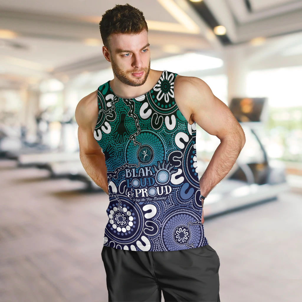 NAIDOC Week 2024 Fire Burning Men Tank Top Aboriginal Dots Blue Art