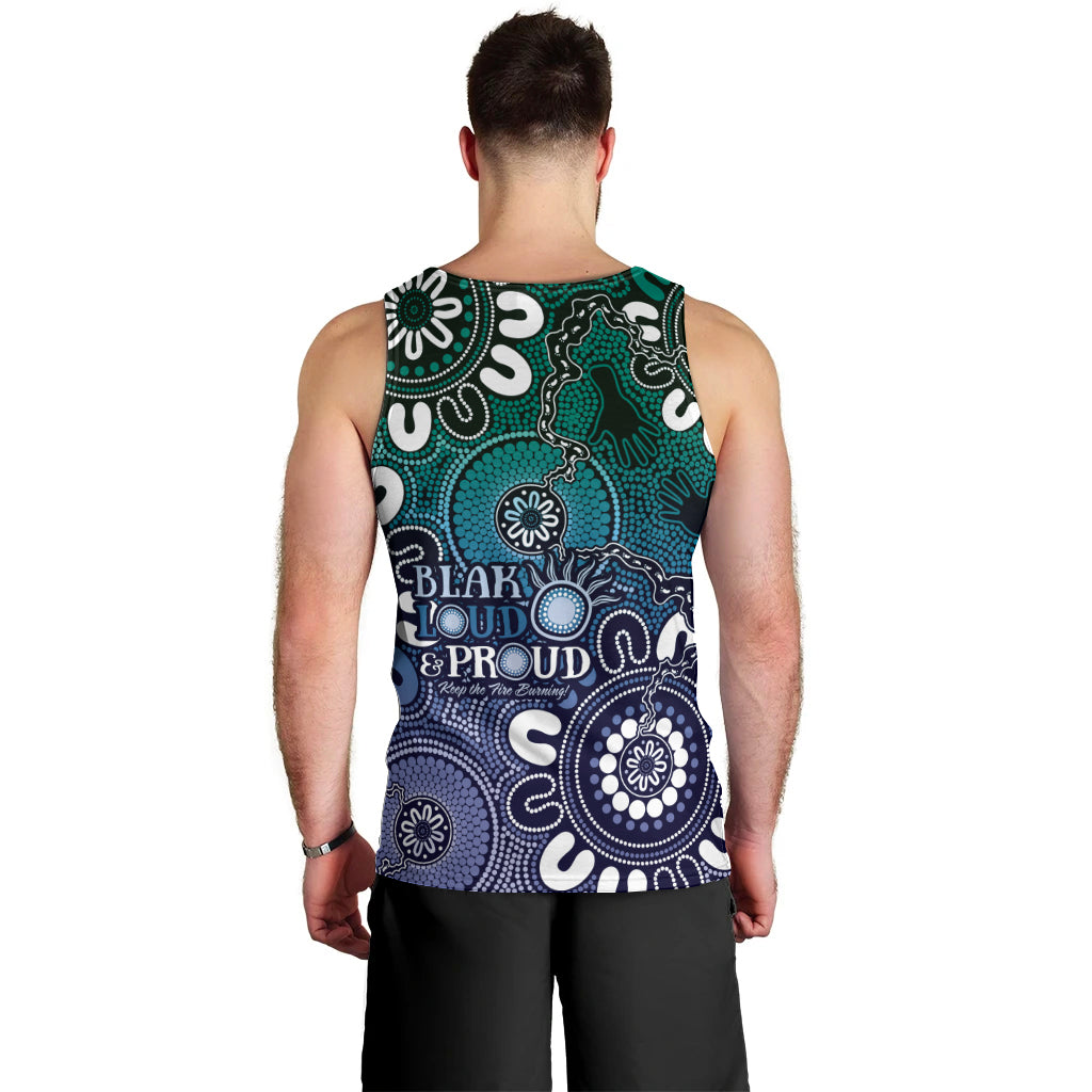 NAIDOC Week 2024 Fire Burning Men Tank Top Aboriginal Dots Blue Art