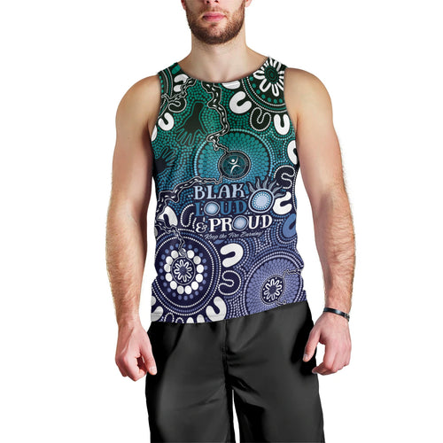 NAIDOC Week 2024 Fire Burning Men Tank Top Aboriginal Dots Blue Art