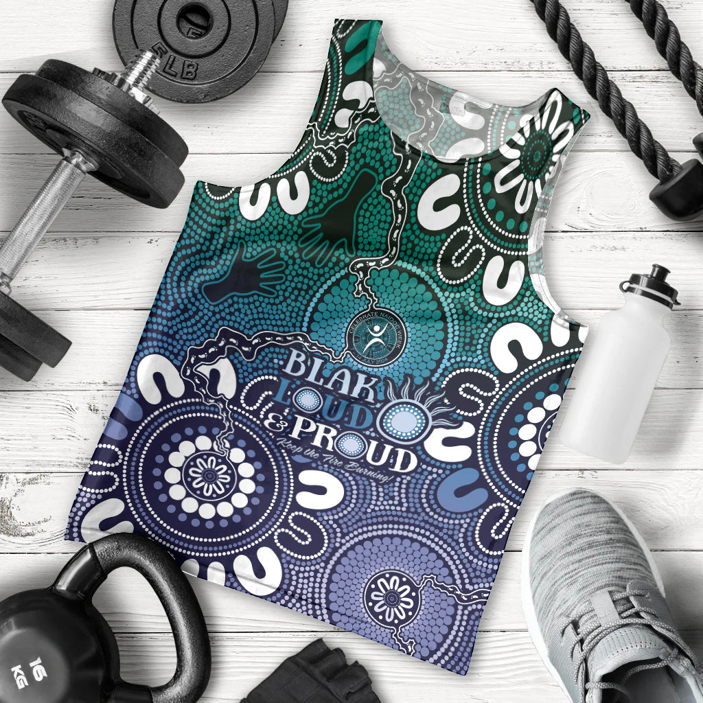 NAIDOC Week 2024 Fire Burning Men Tank Top Aboriginal Dots Blue Art