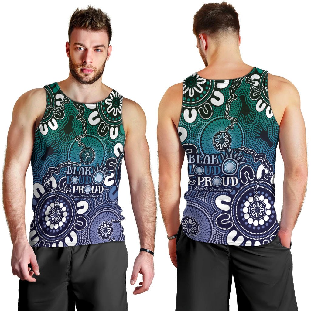 NAIDOC Week 2024 Fire Burning Men Tank Top Aboriginal Dots Blue Art