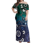 NAIDOC Week 2024 Fire Burning Off Shoulder Maxi Dress Aboriginal Dots Blue Art